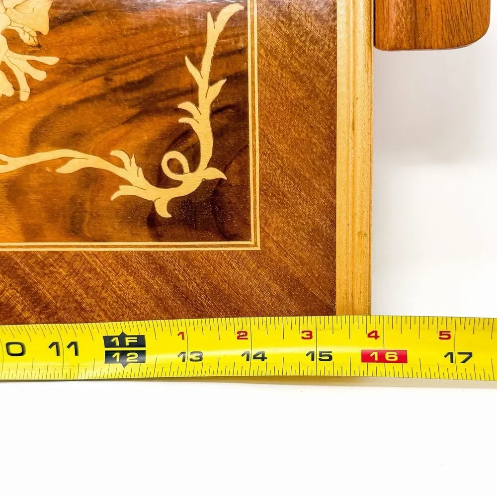 Vintage Wood Marquetry Serving Tray Floral Rose Inlay Wood Handles